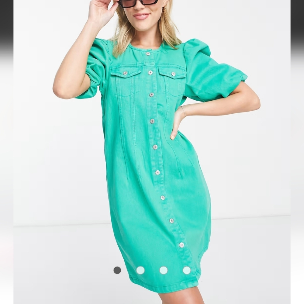 PIECES ASOS Puff Sleeve Bright Green Denim Mini Dress Size XL
